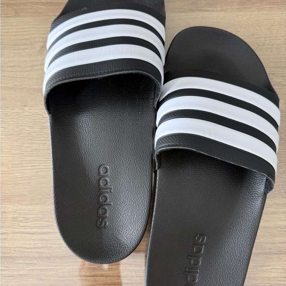 adidas Black and White Striped Slide Sandals